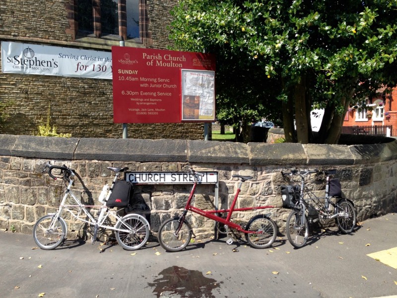 Three Moultons at Moulton, from left to right - Esprit, ’64 F frame, TSR with a Rohloff.